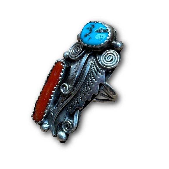 Vintage Sterling Silver Turquoise & Coral Statement Ring